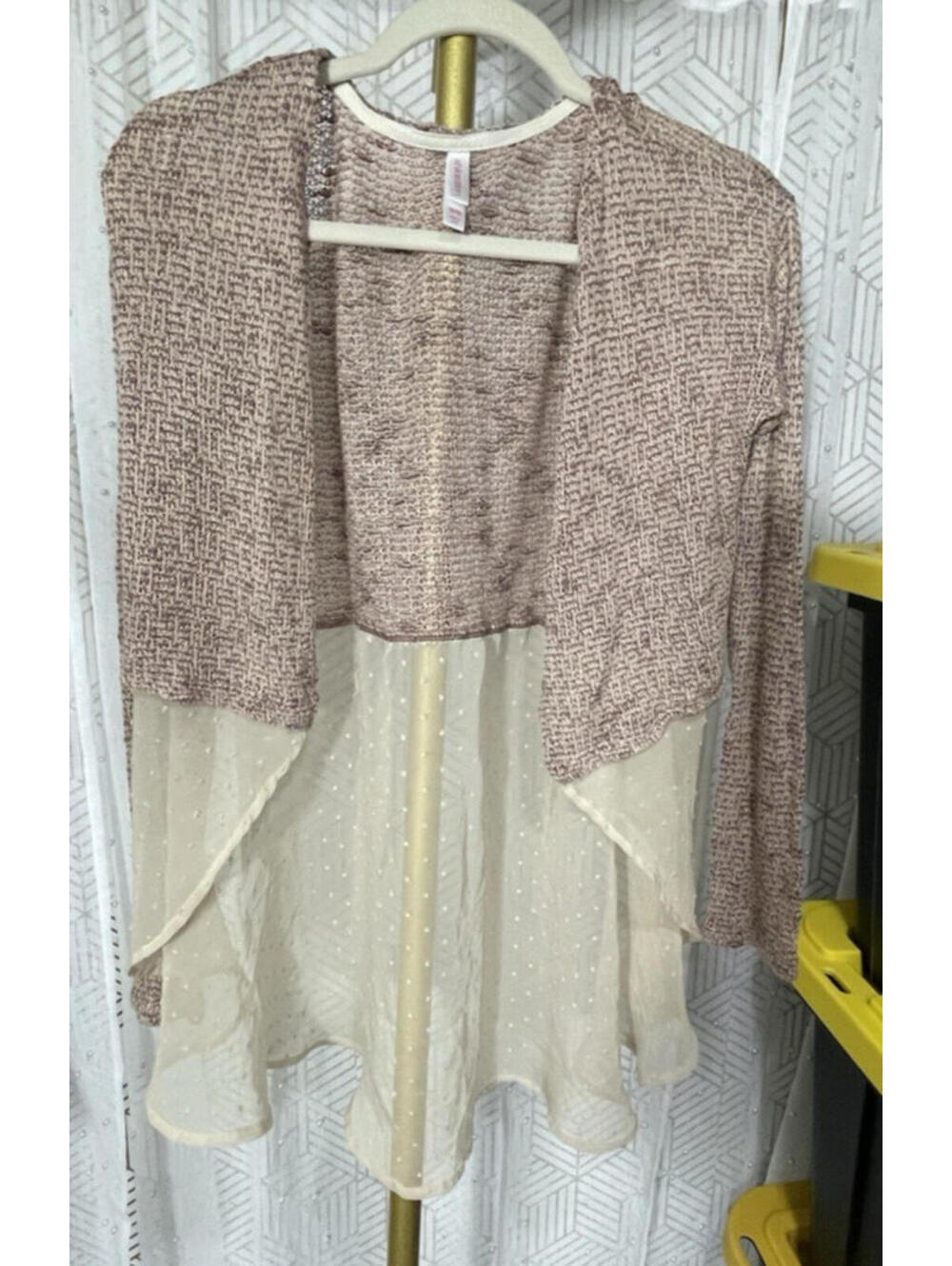 XHILARATION Womens Medium Pink Ivory Open Knit Long Sleeve Cardigan Sweater Boho